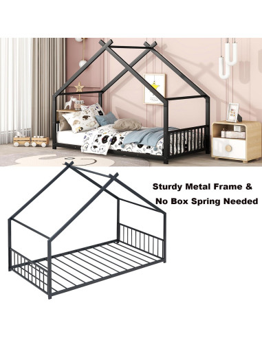 Cama Montessori Twin Zentrava Negra con Techo de Metal