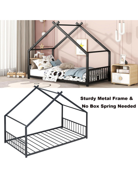 Cama Montessori Twin Zentrava Negra con Techo de Metal