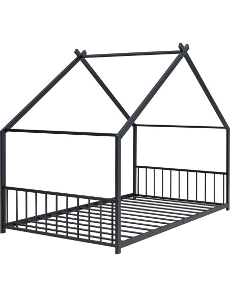 Cama Montessori Twin Zentrava Negra con Techo de Metal