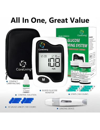 Kit de Monitor de Glucosa Careliving BGM101 - 100 Tiras y Lancetas