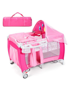 HONEY JOY Parque Infantil 4-en-1 Plegable Rosa con Cuna
