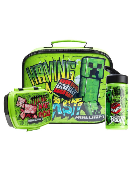 Caja de Almuerzo Minecraft 3 Piezas con Botella Aislada