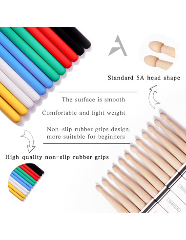 Baquetas 5A de Madera de Arce Antideslizantes - 12 Pares