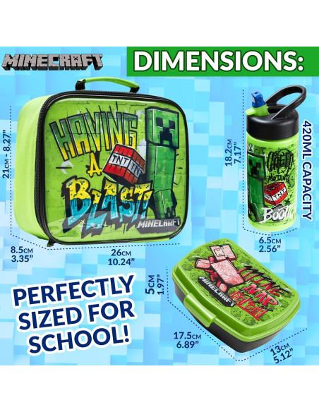 Caja de Almuerzo Minecraft 3 Piezas con Botella Aislada