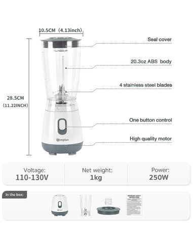 Licuadora Personal SIMPLUS 0.6L Blanca para Batidos y Smoothies