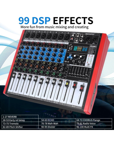 Kmise Mezclador de Audio 8 Canales 99 Efectos Rosa BT USB