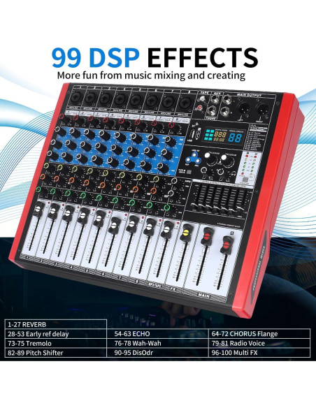Kmise Mezclador de Audio 8 Canales 99 Efectos Rosa BT USB