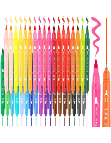 Marcadores Niutop 36 Colores Doble Punta Fina y Brocha