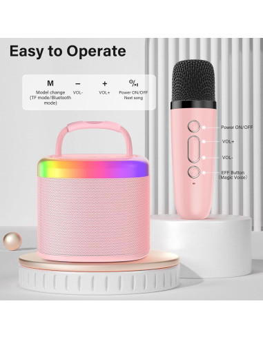 Mini Máquina de Karaoke HWWR Rosa con Micrófono y Luces