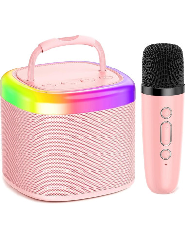 Mini Máquina de Karaoke HWWR Rosa con Micrófono y Luces