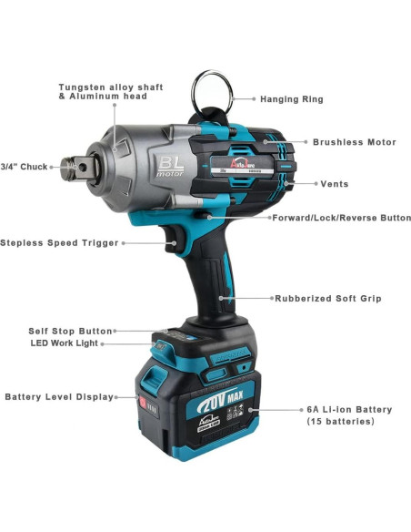 Llave de Impacto Inalámbrica AUTOJARE 3/4" 2000 N.m con 2 Baterías