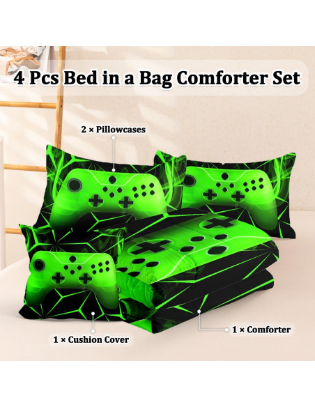 Conjunto de Ropa de Cama Gamer Twin BERTSUCA 4 Piezas Verde