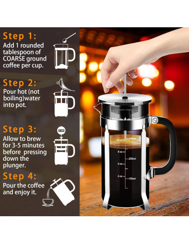 Prensa Francesa YMMIND 12 oz Acero Inoxidable Vidrio Borosilicato