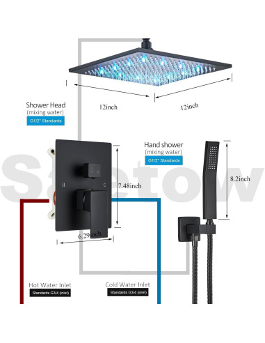 Sistema de Ducha 12" LED Saetow Negro Mate Completo