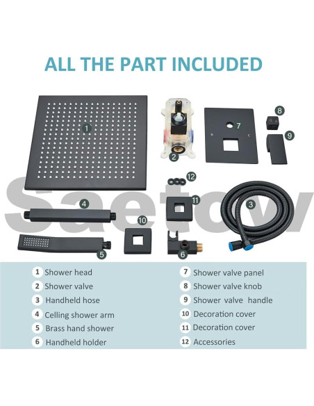 Sistema de Ducha 12" LED Saetow Negro Mate Completo