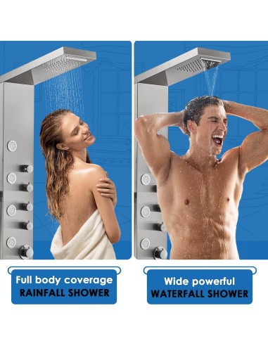 Panel de Ducha ROVOGO Acero Inoxidable 304 5 Jets 3 Funciones