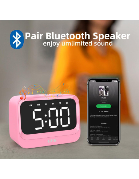 Reloj Despertador Digital AFK Rosa con Altavoz Bluetooth