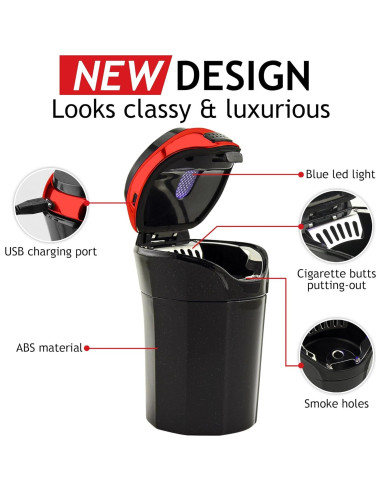 Cenicero de Auto TAKAVU Acero Inoxidable con Luz LED Azul