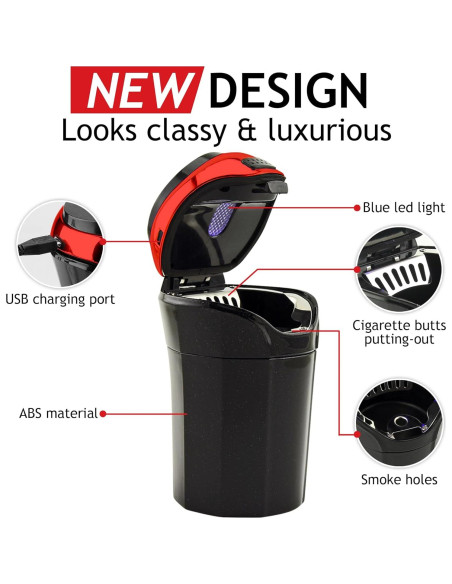 Cenicero de Auto TAKAVU Acero Inoxidable con Luz LED Azul