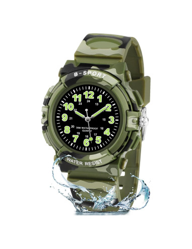 Reloj Analógico CKV para Niños 5-12 Años Impermeable Verde