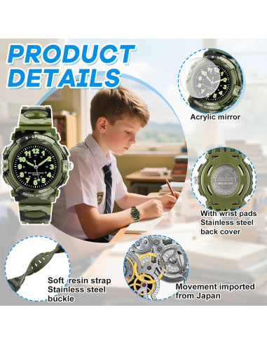 Reloj Analógico CKV para Niños 5-12 Años Impermeable Verde