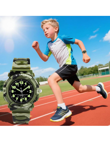 Reloj Analógico CKV para Niños 5-12 Años Impermeable Verde