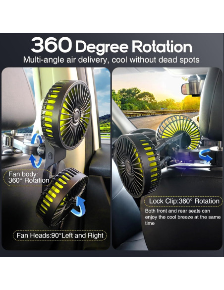 Ventilador de Coche Dealswin USB Doble Cabeza 360 Amarillo