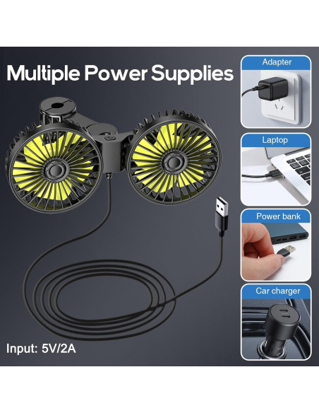 Ventilador de Coche Dealswin USB Doble Cabeza 360 Amarillo