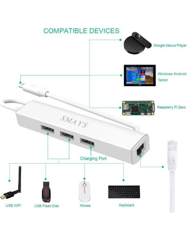 Adaptador Ethernet OTG Micro USB Smays con HUB Alimentado