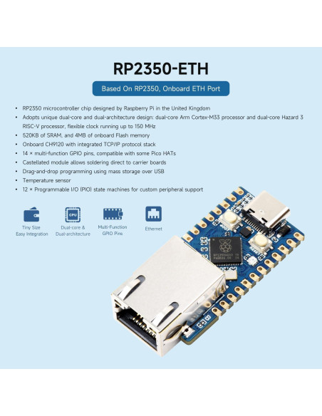 Placa de Desarrollo Waveshare RP2350-ETH con Ethernet y GPIO