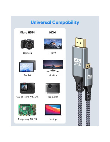 Cable Micro HDMI a HDMI 1.83m ZeniKon 4K@60Hz Trenzado Nylon