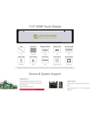 Pantalla LCD Táctil 11.9" Waveshare HDMI 320x1480 IPS