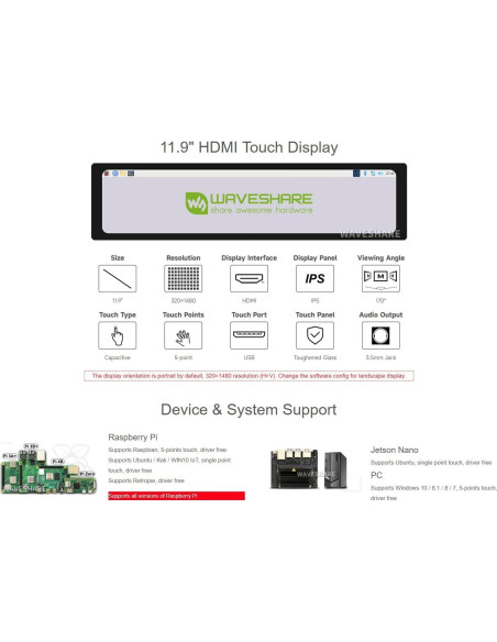 Pantalla LCD Táctil 11.9" Waveshare HDMI 320x1480 IPS