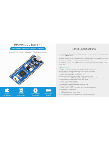 Placa MCU Waveshare RP2040-Plus 4MB USB-C 13.61g