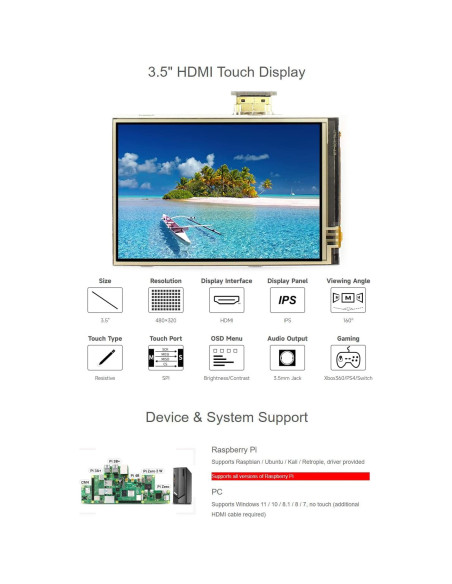 Pantalla LCD Táctil 3.5" Waveshare HDMI 480x320 para Raspberry Pi