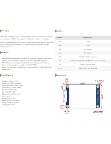 Módulo de Pantalla E-Ink 1.54" Waveshare 200x200 SPI