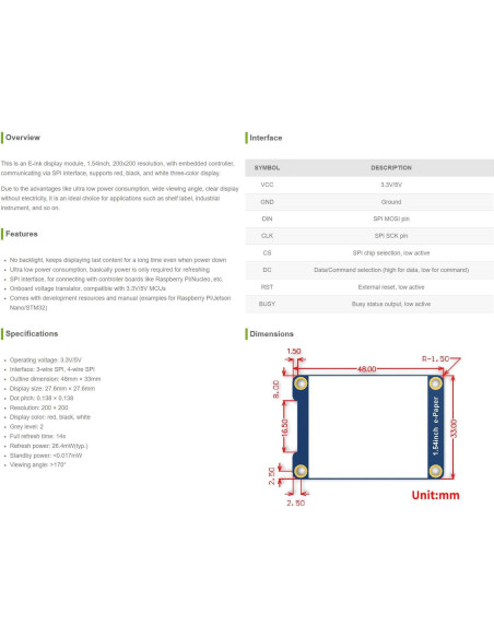 Módulo de Pantalla E-Ink 1.54" Waveshare 200x200 SPI Módulo de Pantalla E-Ink 1.54" Waveshare 200x200 SPI