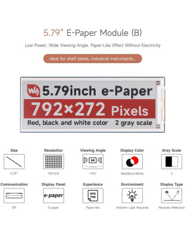 Módulo E-Paper 5.79" Waveshare para Raspberry Pi, 792x272