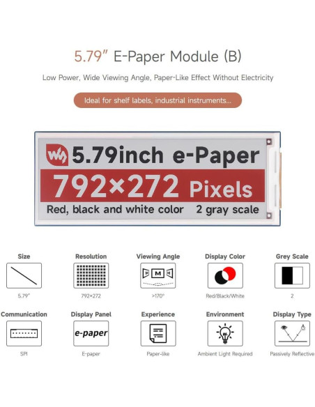 Módulo E-Paper 5.79" Waveshare para Raspberry Pi, 792x272 Módulo E-Paper 5.79" Waveshare para Raspberry Pi, 792x272