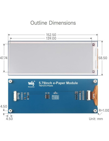Módulo E-Paper 5.79" Waveshare para Raspberry Pi, 792x272