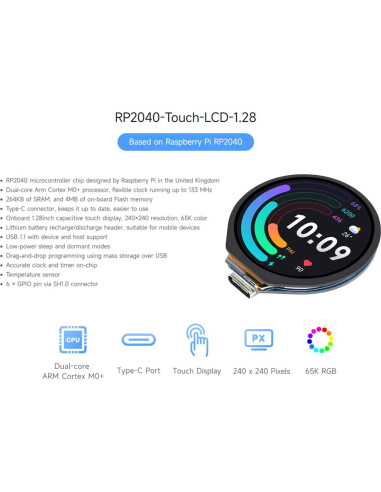 Pantalla Táctil Capacitiva 1.28" Waveshare RP2040 240x240 IPS