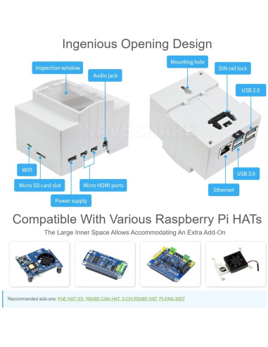 Caja ABS para Raspberry Pi 4 Waveshare con soporte DIN