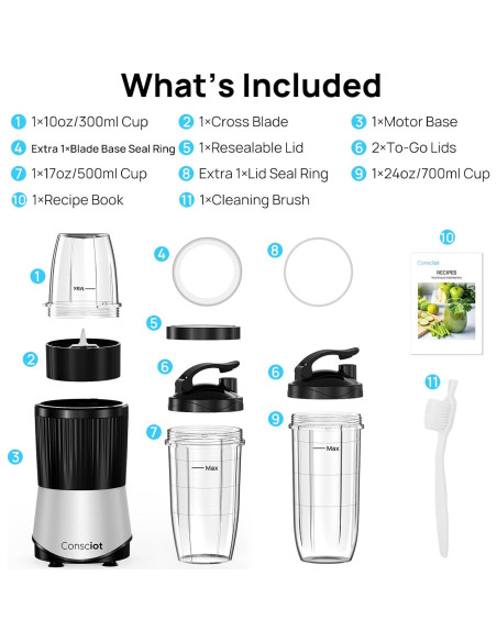 Batidora Personal Consciot CB08 11 Piezas 900W para Smoothies