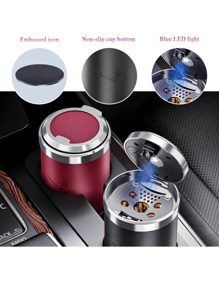 Cenicero de coche Wevdn con tapa y luz LED azul, portátil