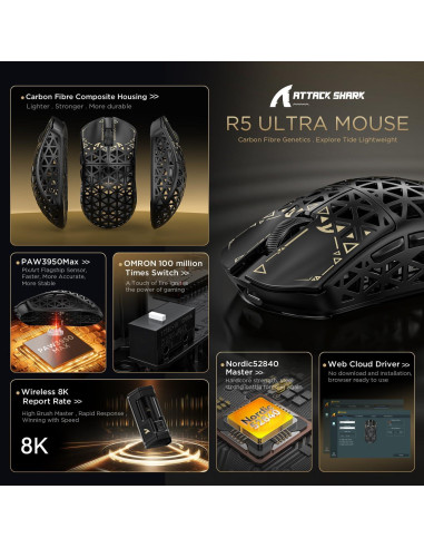 Ratón Gaming Inalámbrico Attack Shark R5 Ultra 39g 42K DPI