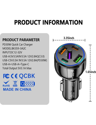 Cargador de Coche USB 5 Puertos SSNNUU 75W Carga Rápida