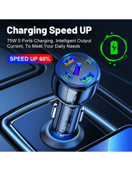 Cargador de Coche USB 5 Puertos SSNNUU 75W Carga Rápida