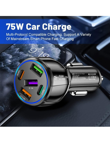 Cargador de Coche USB 5 Puertos SSNNUU 75W Carga Rápida
