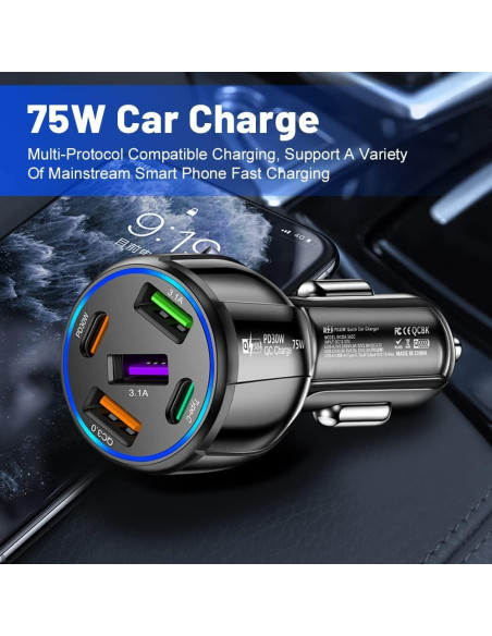 Cargador de Coche USB 5 Puertos SSNNUU 75W Carga Rápida