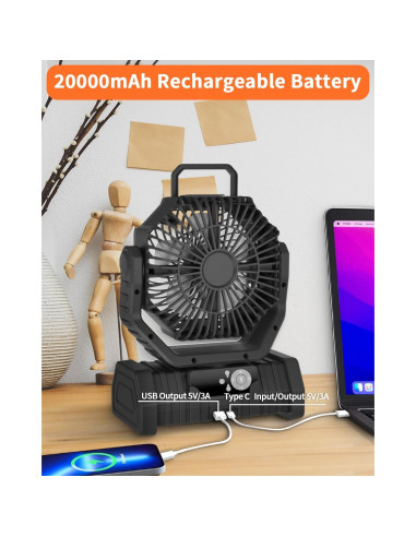 Ventilador Portátil Recargable ADUST F6 con Luz LED 20000mAh